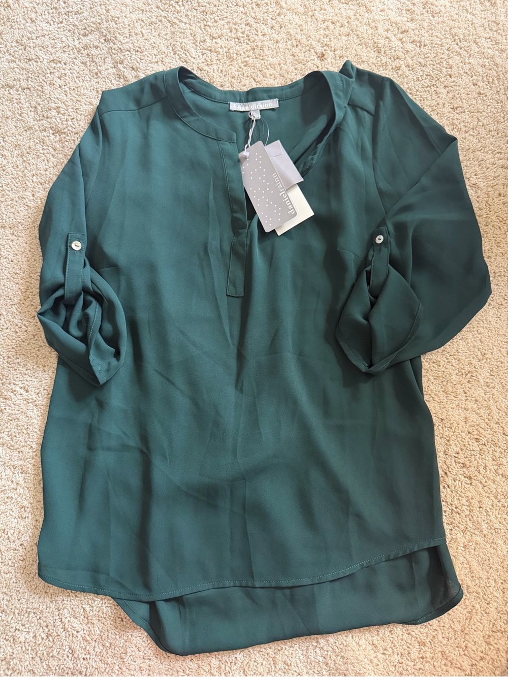 Daniel Rainn Forest Green Split-Neck Roll-Sleeve Blouse